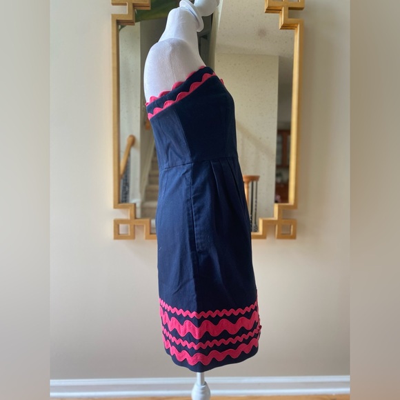 Vineyard Vines Ric Rac Strapless Dress Navy Pink Trim Party Cotton Blend sz 2 - Picture 2 of 13